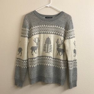 Heather Gray & Cream Holiday Reindeer Fairisle Crewneck Sweater